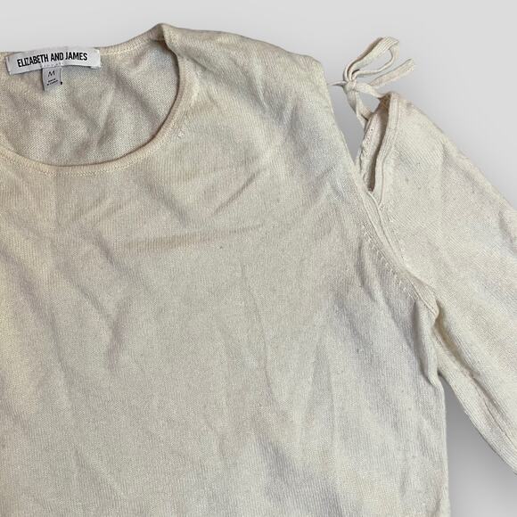 ELIZABETH AND JAMES WOOL CASHMERE COLD SHOULDER SCOOP SWEATER - BUTTERY TAN - M - Picture 5 of 8